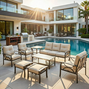 English Elm 8-piece Outdoor Conversation Set 9 Seat Steel Patio Sofa with Thick Cushions Tables Beige B082S00118