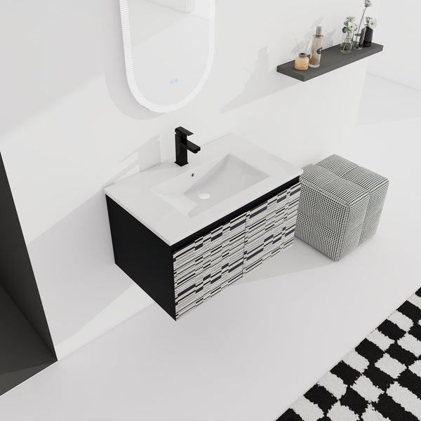 English Elm 30'' Floating Wall-Mounted Bathroom Vanity With Sleek Ceramic Sink & Soft-Close Cabinet Design W999S00210