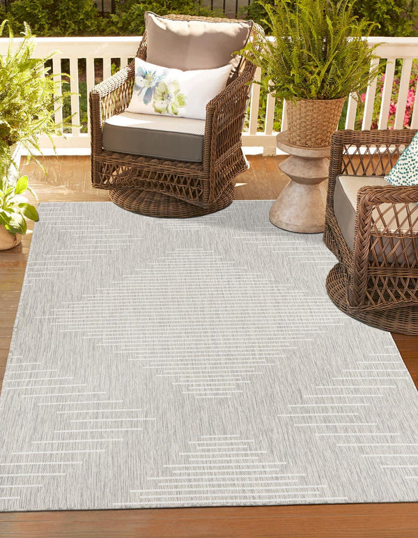 Unique Loom Outdoor Modern Tambor Machine Made Lines Rug Gray, Ivory 7' 1" x 10' 0"