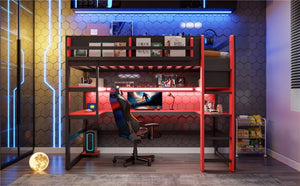 English Elm Twin Loft Bed with Rgb Lighting Usb Ports Wraparound Shelves and Gaming Desk Red LT000298AAJ