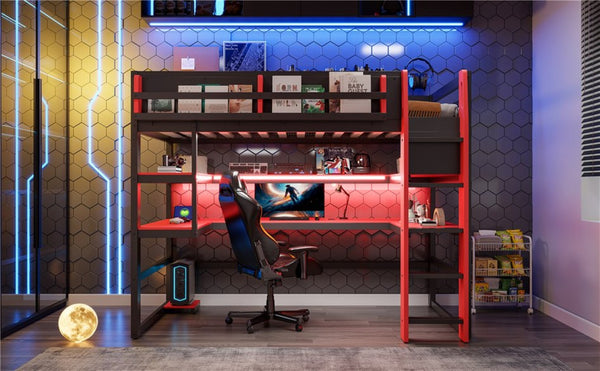 English Elm Twin Loft Bed with Rgb Lighting Usb Ports Wraparound Shelves and Gaming Desk Red LT000298AAJ