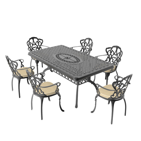 English Elm 7-Piece Cast Aluminum Patio Furniture Set With Ergonomic Chairs And Off-White Cushions For Comfort W1710S00102