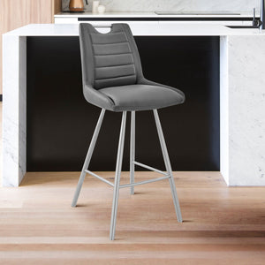 English Elm Tavelle Faux Leather 30" Bar Stool with Brushed Stainless Frame — Modern, Durable, Easy Assembly Gray B2736P268558