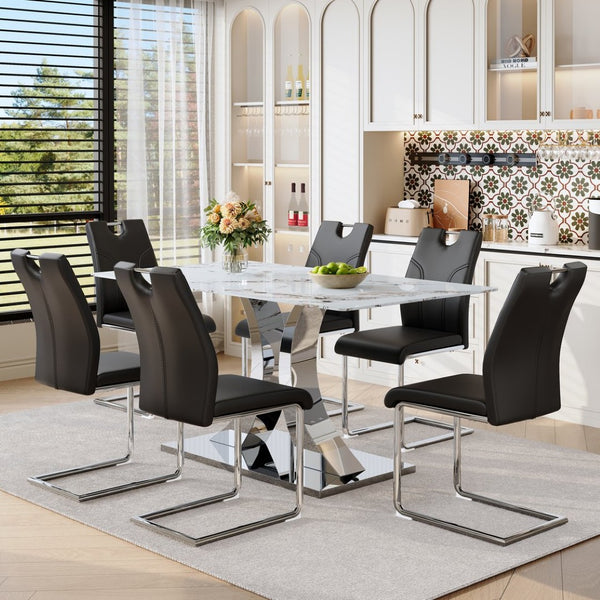 English Elm Switchable Base Glass Top Dining Set Six Pu Leather Armchairs Modern Minimalist W2920S00119