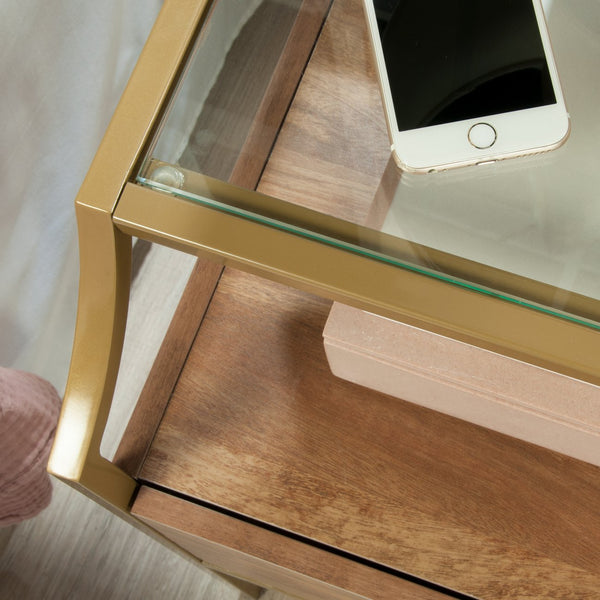 English Elm Night Stand - Contemporary Brown Finish With Metal Frame, Glass Top & Versatile Storage Solutions B356P402578