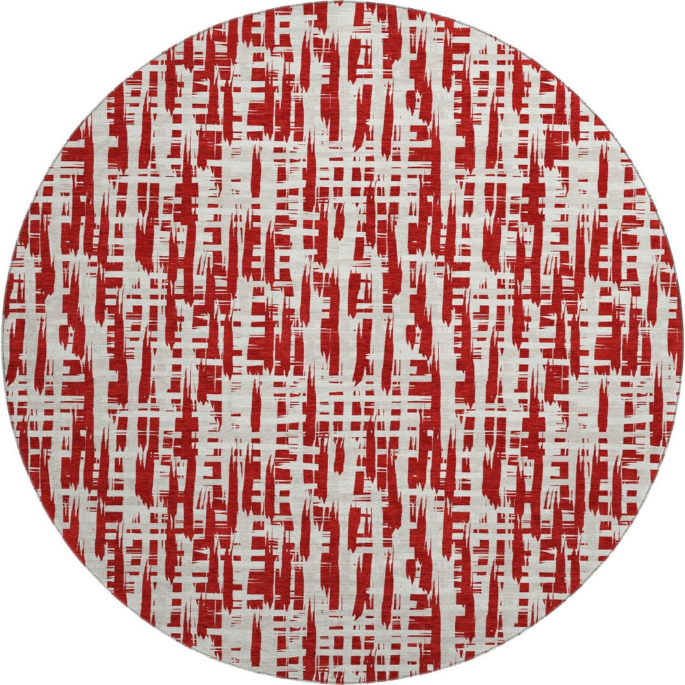 HomeRoots 8' Washable Round Rug with Abstract Geometric Design in Red, Beige & Ivory - UV Protected & Durable 683000
