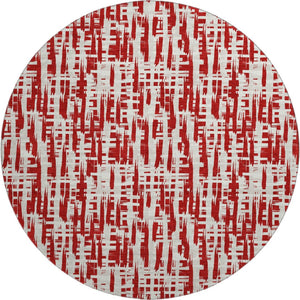 HomeRoots 8' Washable Round Rug with Abstract Geometric Design in Red, Beige & Ivory - UV Protected & Durable 683000