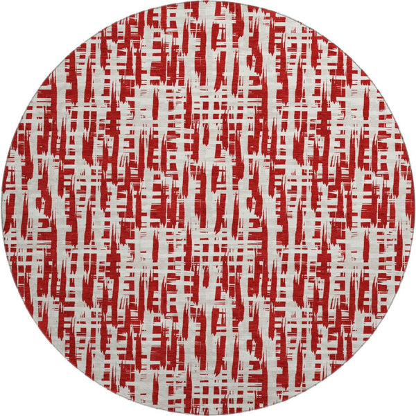 HomeRoots 8' Washable Round Rug with Abstract Geometric Design in Red, Beige & Ivory - UV Protected & Durable 683000