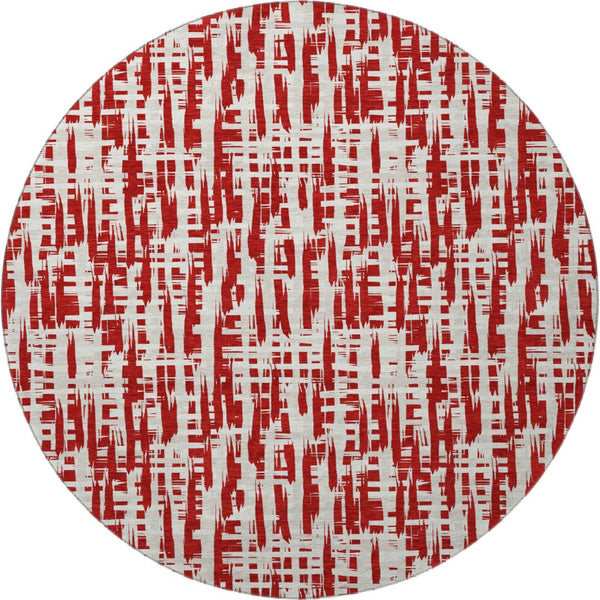 HomeRoots 8' Washable Round Rug with Abstract Geometric Design in Red, Beige & Ivory - UV Protected & Durable 683000