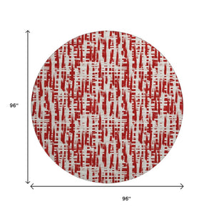 HomeRoots 8' Washable Round Rug with Abstract Geometric Design in Red, Beige & Ivory - UV Protected & Durable 683000