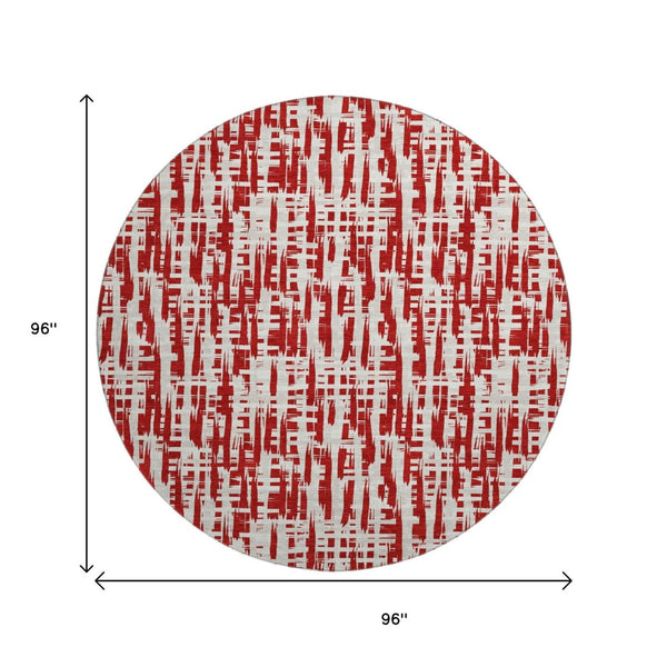 HomeRoots 8' Washable Round Rug with Abstract Geometric Design in Red, Beige & Ivory - UV Protected & Durable 683000