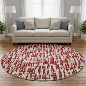 HomeRoots 8' Washable Round Rug with Abstract Geometric Design in Red, Beige & Ivory - UV Protected & Durable 683000