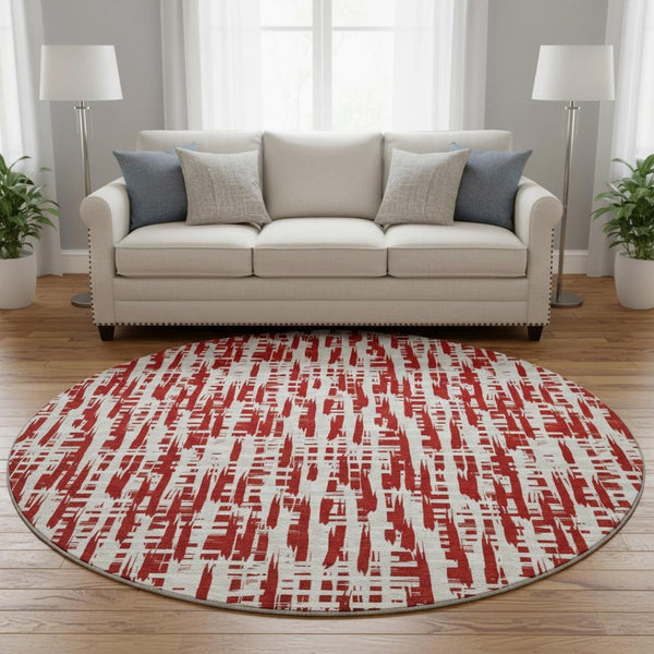 HomeRoots 8' Washable Round Rug with Abstract Geometric Design in Red, Beige & Ivory - UV Protected & Durable 683000