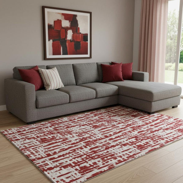 HomeRoots 8' X 10' Washable Geometric Area Rug in Red, Beige & Ivory - Durable, Stain-Resistant & UV-Protected! 683001