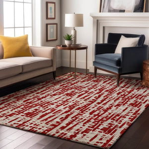 HomeRoots 9' X 12' Washable Area Rug – Modern Red, Beige & Ivory Abstract Geometric Design with UV Protection 683002