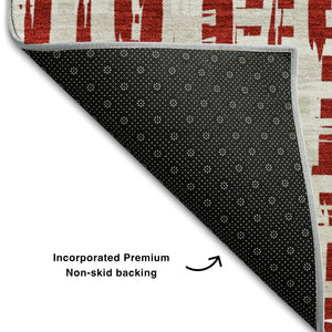 HomeRoots 9' X 12' Washable Area Rug – Modern Red, Beige & Ivory Abstract Geometric Design with UV Protection 683002
