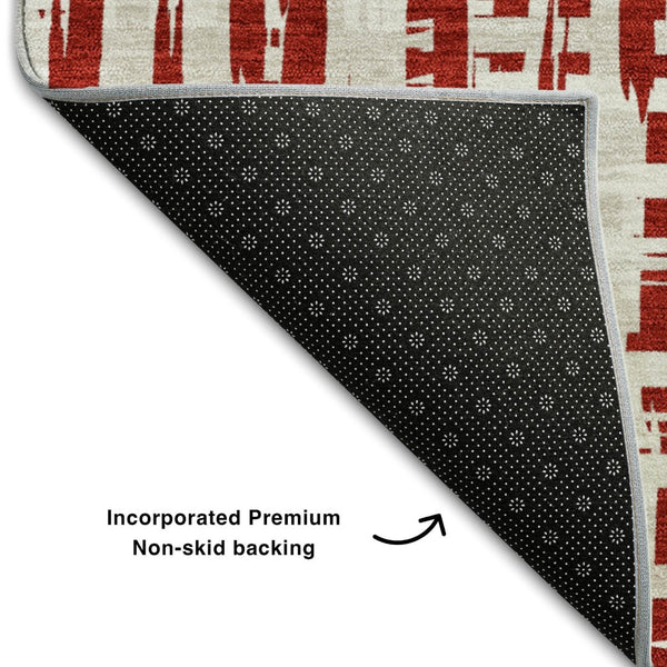 HomeRoots 9' X 12' Washable Area Rug – Modern Red, Beige & Ivory Abstract Geometric Design with UV Protection 683002