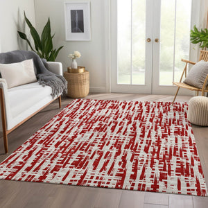 HomeRoots 9' X 12' Washable Area Rug – Modern Red, Beige & Ivory Abstract Geometric Design with UV Protection 683002