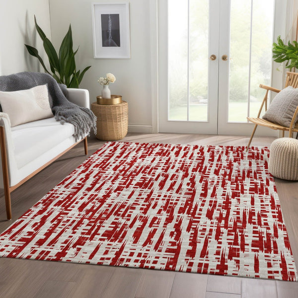 HomeRoots 9' X 12' Washable Area Rug – Modern Red, Beige & Ivory Abstract Geometric Design with UV Protection 683002