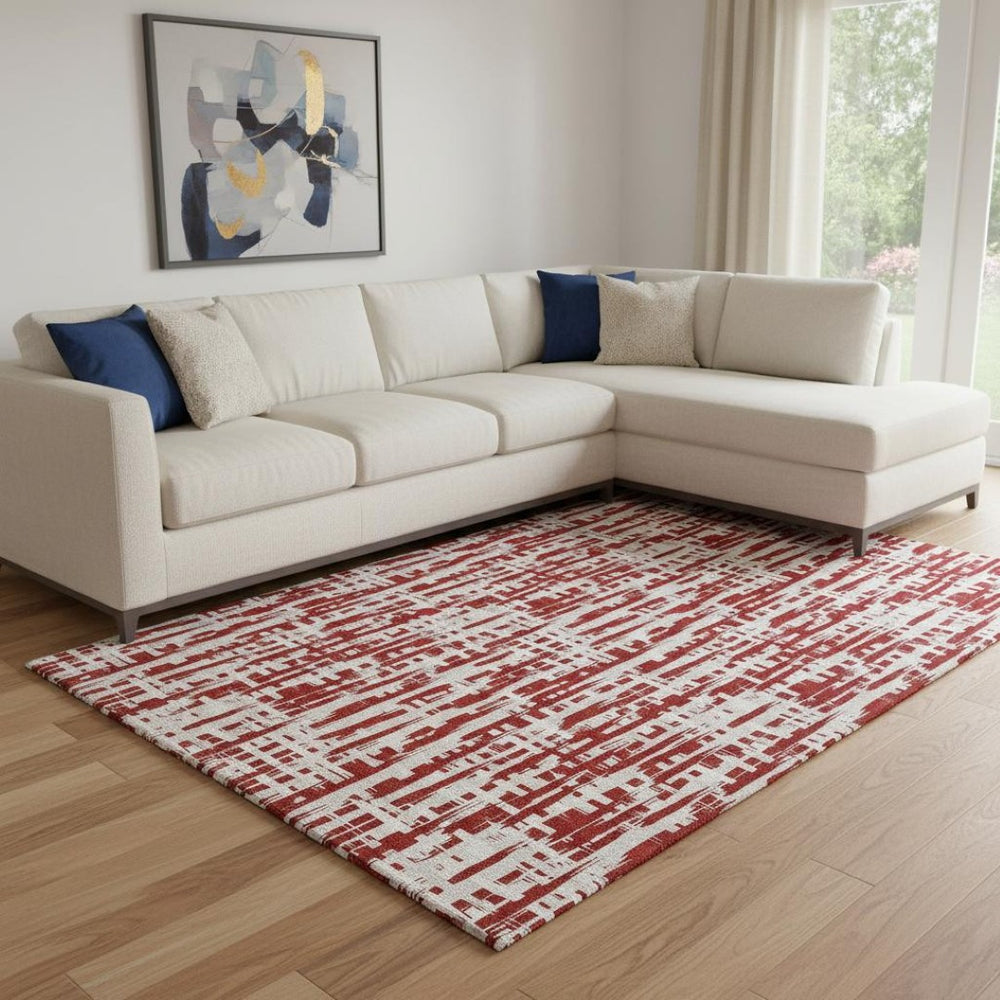HomeRoots 10' X 14' Abstract Geometric Area Rug - Red, Beige, Ivory | Washable, UV Protected, Stain-Resistant 683003