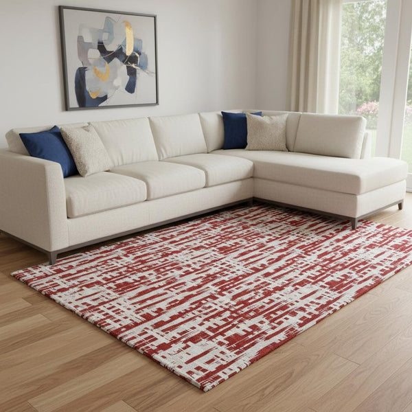 HomeRoots 10' X 14' Abstract Geometric Area Rug - Red, Beige, Ivory | Washable, UV Protected, Stain-Resistant 683003