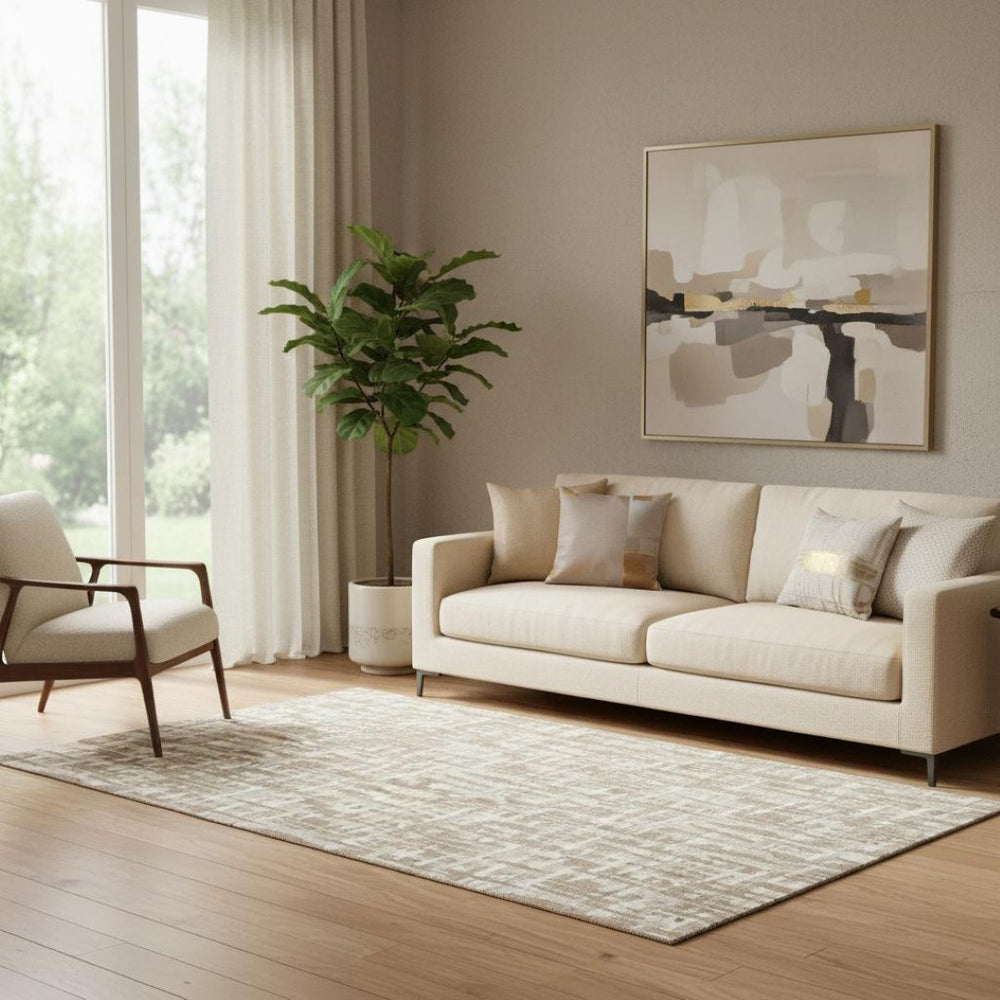 HomeRoots 5' X 8' Washable Tan Beige & Ivory Abstract Geometric Area Rug with UV Protection & Durability 683005