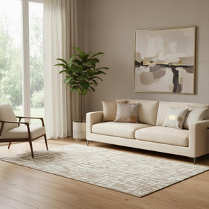 HomeRoots 5' X 8' Washable Tan Beige & Ivory Abstract Geometric Area Rug with UV Protection & Durability 683005
