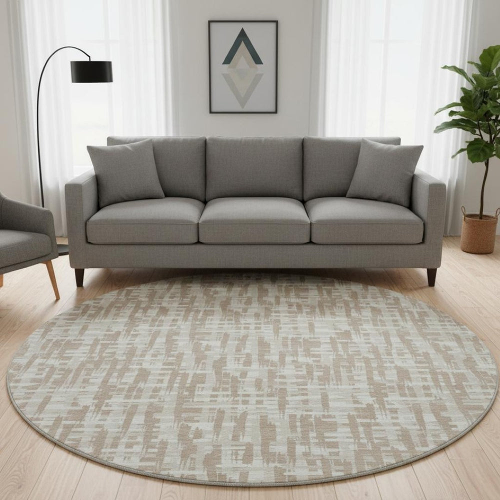 HomeRoots 8' Tan Beige & Ivory Abstract Geometric Round Rug - Washable, UV Protected, Pet-Friendly Decor 683006
