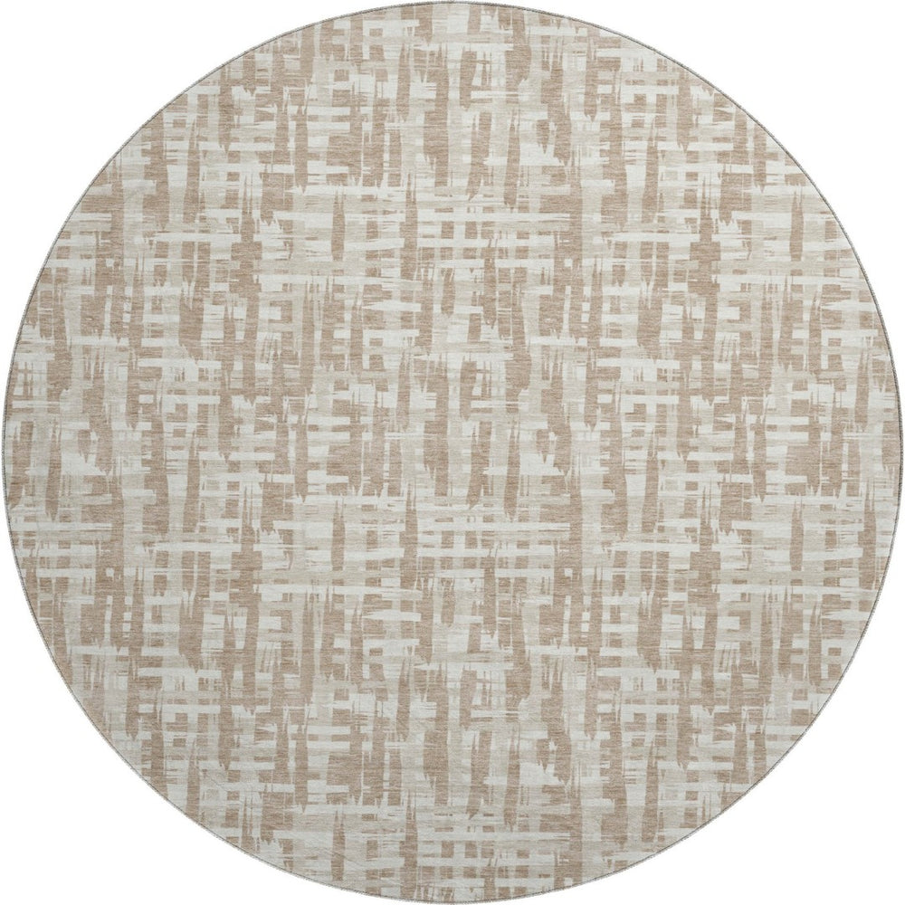 HomeRoots 8' Tan Beige & Ivory Abstract Geometric Round Rug - Washable, UV Protected, Pet-Friendly Decor 683006