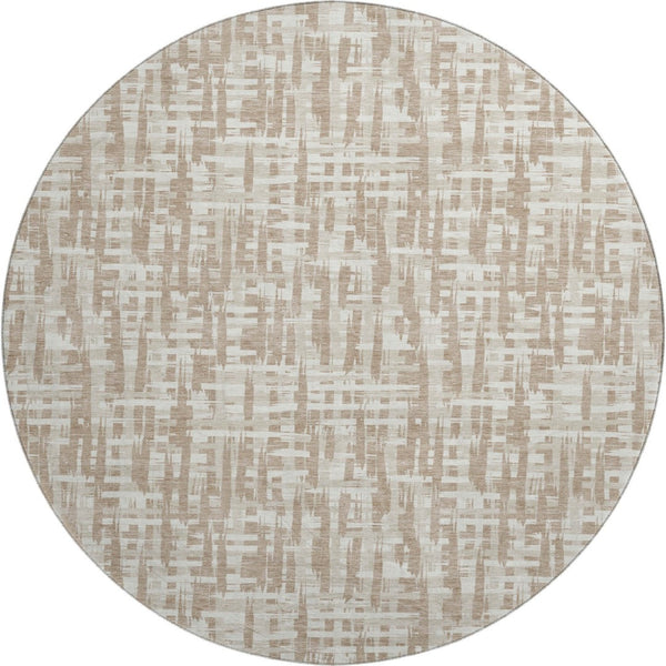 HomeRoots 8' Tan Beige & Ivory Abstract Geometric Round Rug - Washable, UV Protected, Pet-Friendly Decor 683006