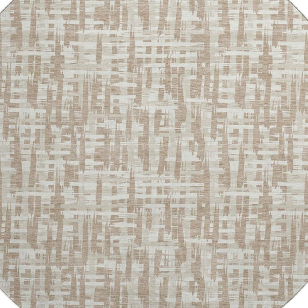 HomeRoots 8' Tan Beige & Ivory Abstract Geometric Round Rug - Washable, UV Protected, Pet-Friendly Decor 683006
