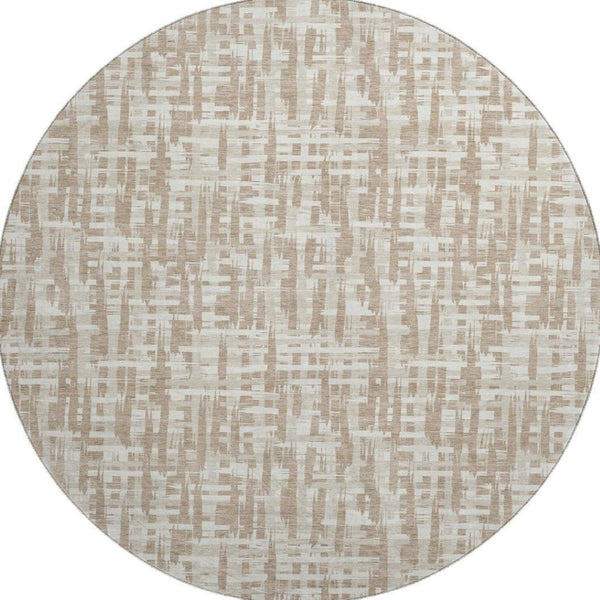 HomeRoots 8' Tan Beige & Ivory Abstract Geometric Round Rug - Washable, UV Protected, Pet-Friendly Decor 683006