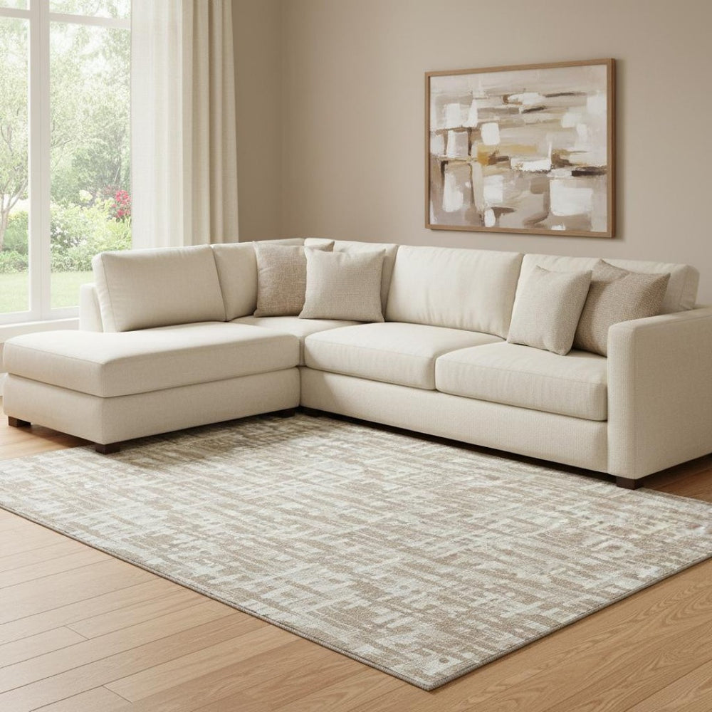 HomeRoots 8' X 10' Washable Tan Beige Ivory Abstract Geometric Area Rug with UV Protection for High-Traffic Spaces 683007