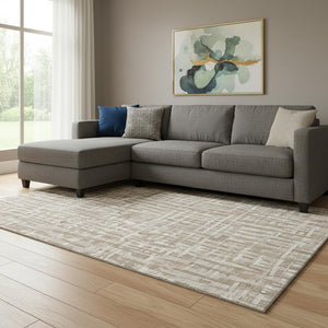HomeRoots 10' X 14' Tan Beige Ivory Abstract Geometric Area Rug - Durable, Washable, UV Protected for Homes 683009