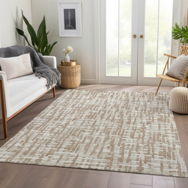 HomeRoots 10' X 14' Tan Beige Ivory Abstract Geometric Area Rug - Durable, Washable, UV Protected for Homes 683009