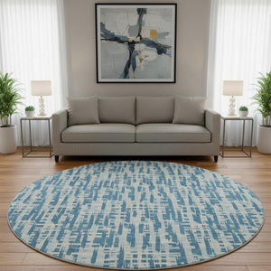 HomeRoots 8' Stylish Teal Ivory Gray Abstract Round Rug - Washable, UV-Protected, Perfect for Homes with Kids! 683012