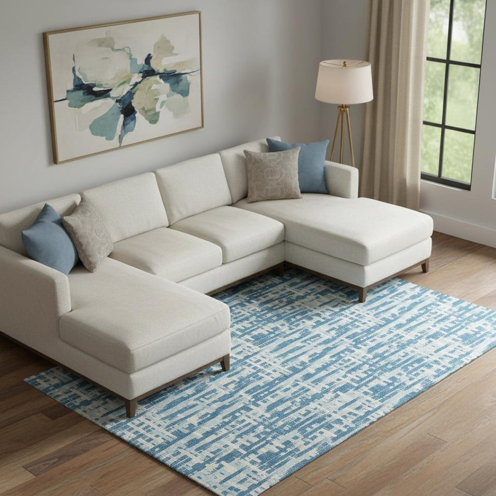 HomeRoots 9' X 12' Teal Ivory Gray Abstract Geometric Area Rug - Washable, UV Protected, Stain Resistant Design 683014