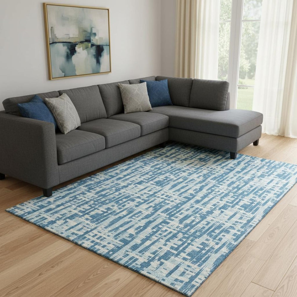 HomeRoots 10' Abstract Geometric Area Rug in Teal, Ivory & Gray - Washable, UV-Protected, Pet-Friendly Design 683015