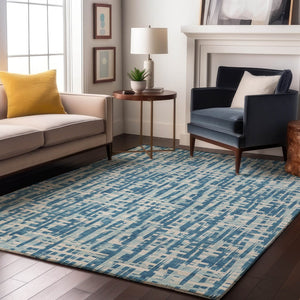 HomeRoots 10' Abstract Geometric Area Rug in Teal, Ivory & Gray - Washable, UV-Protected, Pet-Friendly Design 683015