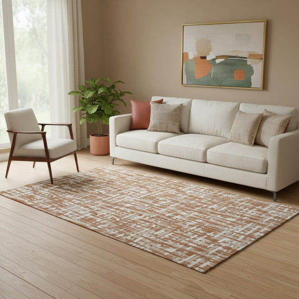HomeRoots 5' X 8' Terra Cotta Ivory Beige Abstract Geometric Washable Area Rug - Durable, UV-Protected Design 683017