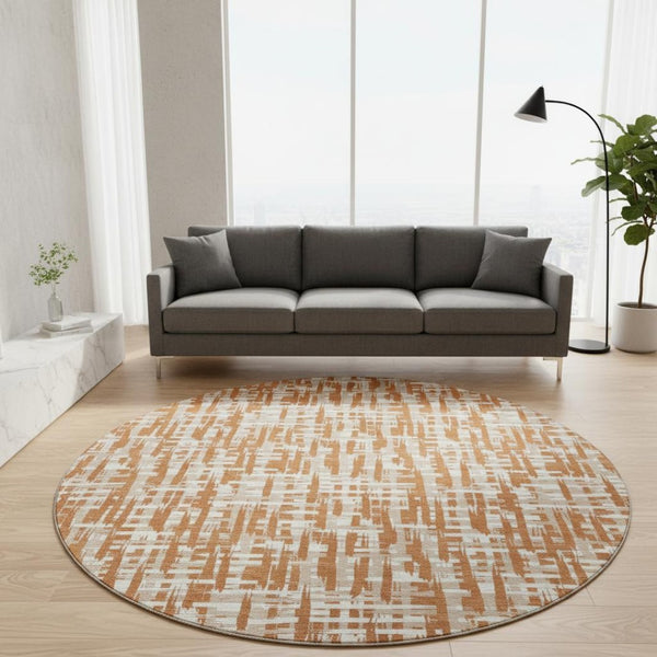 HomeRoots 8' Washable Terra Cotta Round Rug with UV Protection - Abstract Geometric Design for Modern Homes 683018