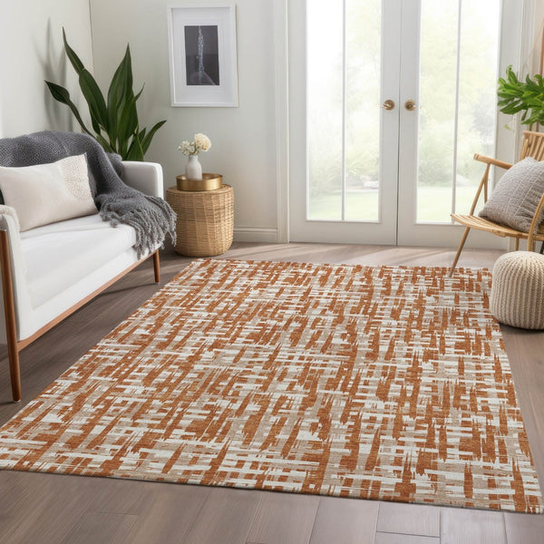 HomeRoots 9' X 12' Abstract Geometric Area Rug in Terra Cotta, Ivory & Beige – Washable, UV Protected & Stylish 683020