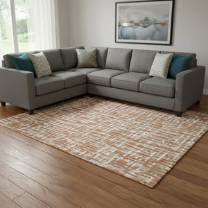 HomeRoots 10' X 14' Terra Cotta Abstract Geometric Rug - Washable, UV-Resistant, Ideal for High-Traffic Areas 683021