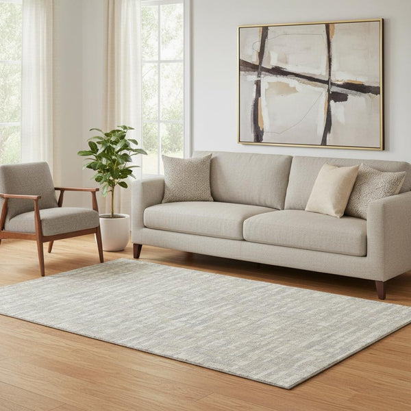HomeRoots 5' X 8' Beige Ivory Silver Geometric Area Rug - Washable, UV Protected, Stain-Resistant & Durable! 683023