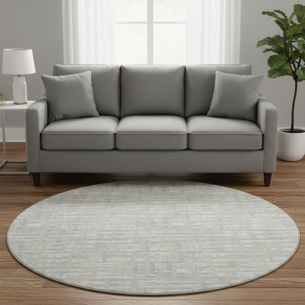HomeRoots 8' Beige Ivory and Silver Abstract Round Rug - Washable, UV Protected, Perfect for High-Traffic Areas 683024