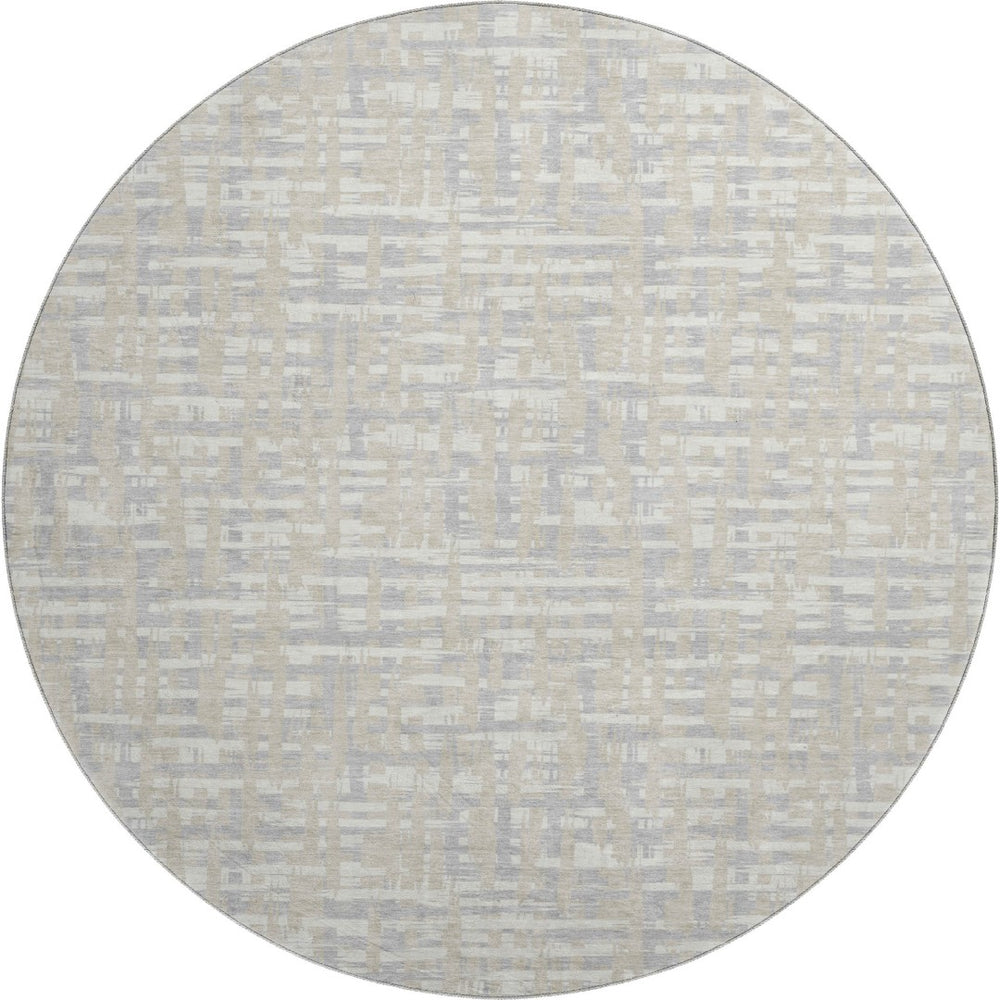 HomeRoots 8' Beige Ivory and Silver Abstract Round Rug - Washable, UV Protected, Perfect for High-Traffic Areas 683024