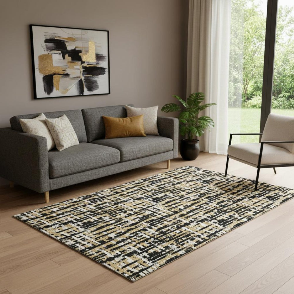 HomeRoots 5' X 8' Abstract Geometric Area Rug in Black, Ivory & Gold – Washable, UV-Resistant & Stylish! 683029