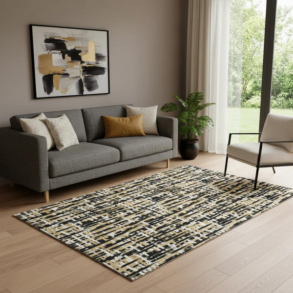 HomeRoots 5' X 8' Abstract Geometric Area Rug in Black, Ivory & Gold – Washable, UV-Resistant & Stylish! 683029