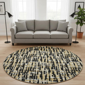 HomeRoots 8' Modern Black Ivory Gold Abstract Geometric Round Rug - Washable, UV Protected & Stain Resistant 683030