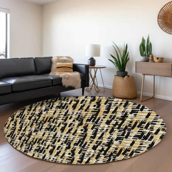 HomeRoots 8' Modern Black Ivory Gold Abstract Geometric Round Rug - Washable, UV Protected & Stain Resistant 683030